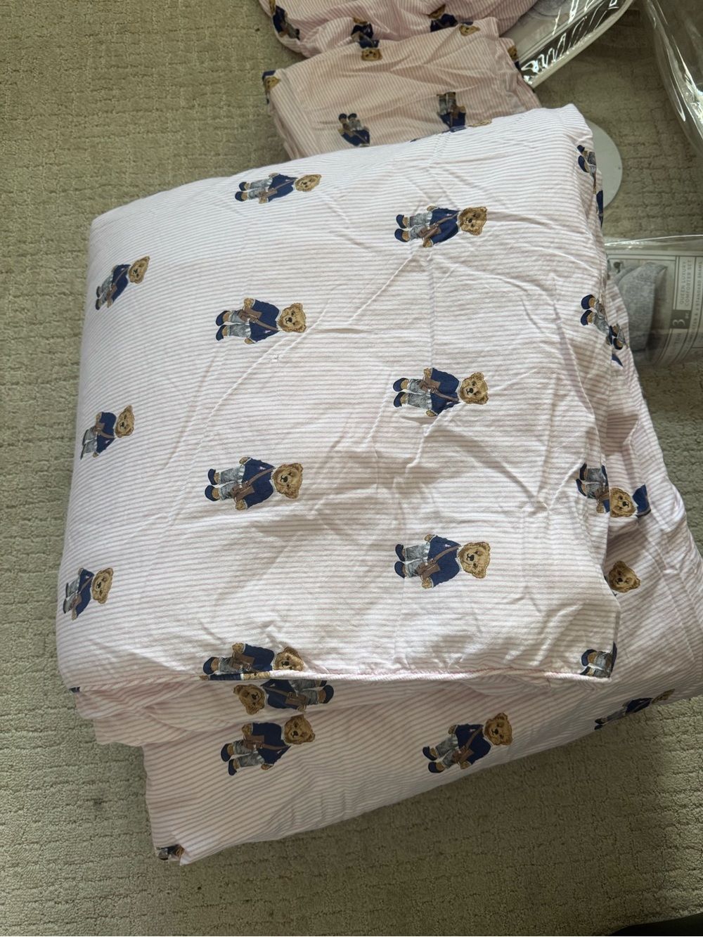 Ralph Lauren Pink Striped Teddy Bear Comforter with Navy Accents